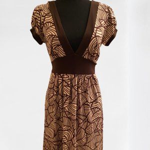 Rhapsody Brown and Cream Colored Deep V-Neck Cap Sleeve Dress